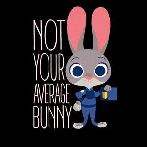 Peut inclure: Illustration de dessin animé d'un lapin gris portant un uniforme bleu, tenant un badge et un petit objet, avec le texte "NOT YOUR AVERAGE BUNNY" en blanc sur fond noir.