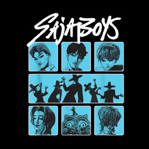 Puede incluir: Diseño gráfico negro con el texto "SAJA BOYS" en blanco. Debajo, una cuadrícula de ilustraciones en cajas azules presenta retratos y siluetas. Las ilustraciones son de estilo cómic.