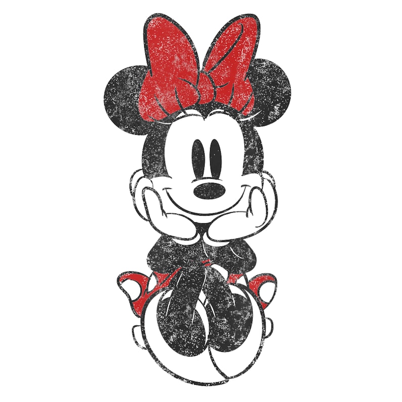 K&ouml;nnte beinhalten: Ein verblasster Grafik von Minnie Mouse, einer Zeichentrickfigur, in Schwarz, Wei&szlig; und Rot. Minnie sitzt mit den H&auml;nden unter dem Kinn und tr&auml;gt eine rote Schleife und Schuhe. Das Bild hat ein Vintage-Aussehen.