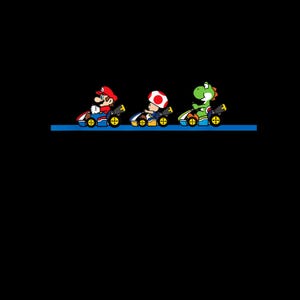 May include: Illustration of Mario, Toad, and Yoshi racing in go-karts on a blue track. Mario wears a red hat and overalls, Toad has a white and red mushroom cap, and Yoshi is green. The background is black.