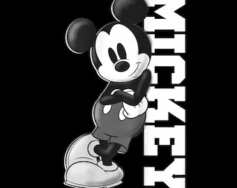 May include: Black and white illustration of Mickey Mouse with arms crossed, smiling. The word "MICKEY" is printed vertically in white block letters on the right side of the image. The background is solid black.