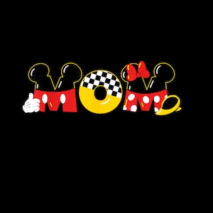 May include: Black background with the word "MOM" in a cartoon style. The "M" is in the shape of Mickey Mouse's head, the "O" is a yellow donut with a black and white checkered pattern, and the second "M" is Minnie Mouse's head.