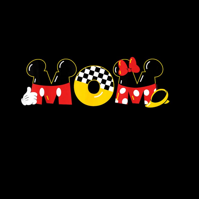 May include: Black background with the word "MOM" in a cartoon style. The "M" is in the shape of Mickey Mouse's head, the "O" is a yellow donut with a black and white checkered pattern, and the second "M" is Minnie Mouse's head.