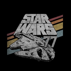 May include: A black graphic featuring the text "STAR WARS" in a distressed white font, with the Millennium Falcon spaceship and the number "77". The design includes retro-style stripes in red, orange, yellow, and blue.
