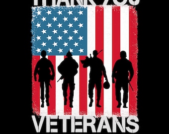 May include: A graphic design featuring the American flag with the words "THANK YOU VETERANS" in white. Silhouettes of four soldiers are in front of the flag. The flag has a distressed, vintage look.
