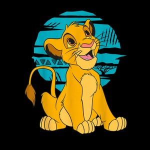 May include: A cartoon image of Simba, a yellow lion cub, with a happy expression. The cub is set against a blue and black background with a stylized African savanna scene. The image is a vibrant illustration.