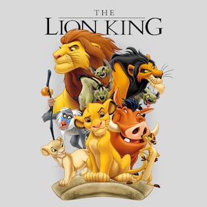 May include: A colorful illustration featuring characters from "The Lion King." The image includes Simba, Nala, Timon, Pumbaa, Scar, and other characters. The title "THE LION KING" is displayed at the top in bold, black letters.