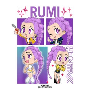 Puede incluir: Ilustración digital con el personaje RUMI en cuatro poses diferentes. El personaje tiene cabello morado y usa varios atuendos. La imagen incluye el texto "RUMI" y "HINTRX", junto con las palabras "KPOP DEMON HUNTERS".