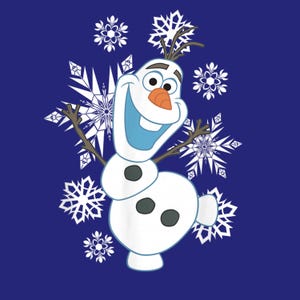 May include: A cartoon illustration of Olaf the snowman from the film Frozen, with a blue mouth and orange nose, smiling. White snowflakes are scattered around Olaf on a dark blue background.