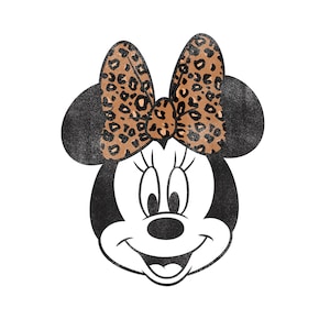 May include: A black and white illustration of Minnie Mouse with a leopard print bow. The image features Minnie's iconic silhouette, with her large ears and smiling face. The bow is brown with black spots.
