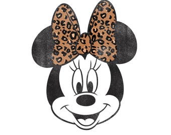 Minnie Mouse PNG – Distressed Vintage Leopard Bow Portrait (Instant Download)