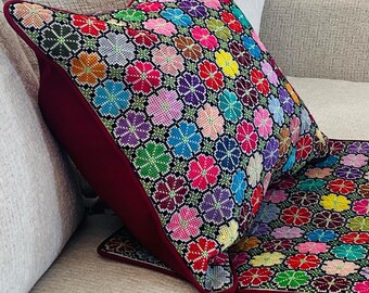 Funda de almohada Tatreez palestina bordada a mano / Cojín floral tradicional (40 x 40 cm)