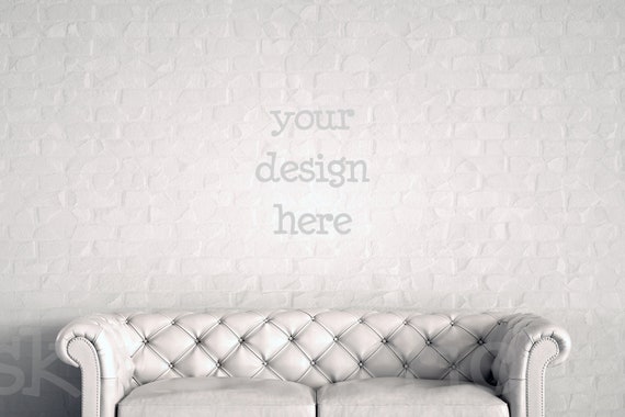 White Leather Sofa Mockup Blank Wall Photography Brick Wall