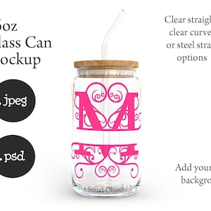 Dye sublimation 16oz clear soda can glass with bamboo lid and vaious straws mockup with transparent background option DIGITAL DOWNLOAD image 5