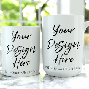 Mug Mockup: 11oz & 15oz White Coffee Mugs, Outdoors (PSD, JPEG Digital Download)