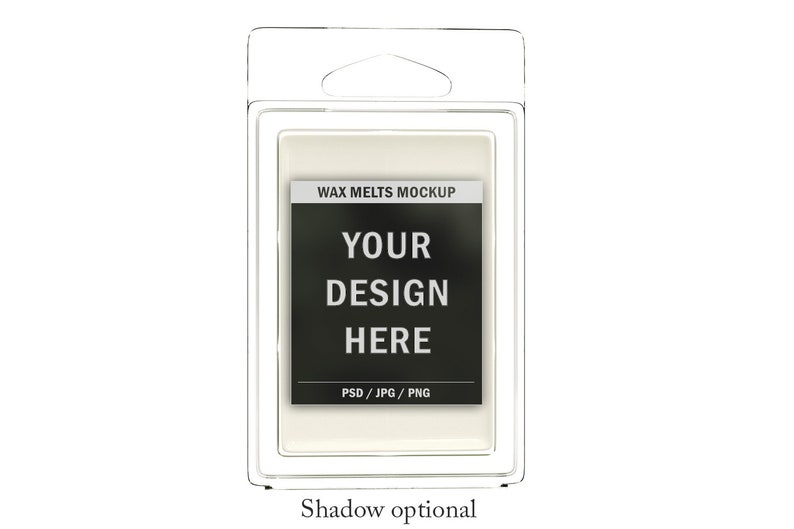 May include: A clear plastic package containing a wax melt mockup. The label reads "WAX MELTS MOCKUP" above a black rectangle with the text "YOUR DESIGN HERE" in white. The bottom of the label says "PSD / JPG / PNG". The text "Shadow optional" is below.