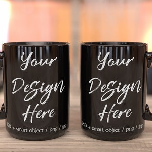 Two black 15oz coffee mug mockup, two blank coffee cup, sublimation mug template, mug background PSD with smart object DIGITAL DOWNLOAD