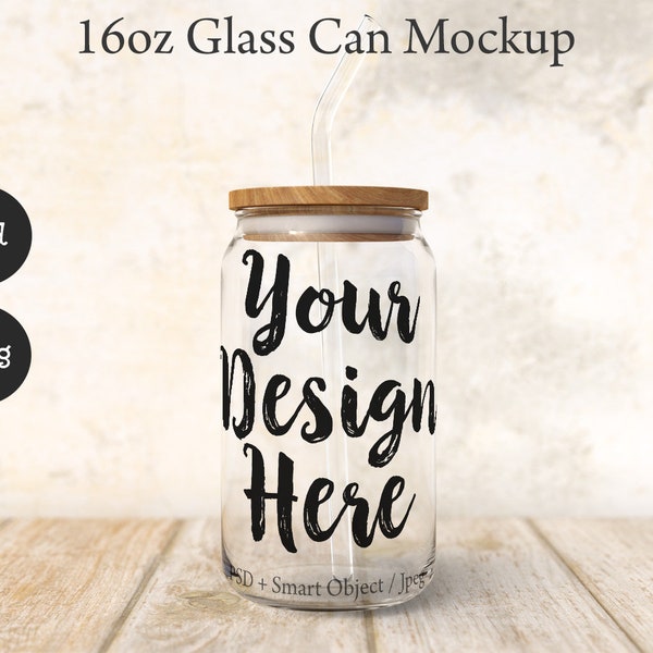 Dye sublimation 16oz clear soda can glass mockup with bamboo lid and various straws with transparent background option DIGITAL DOWNLOAD