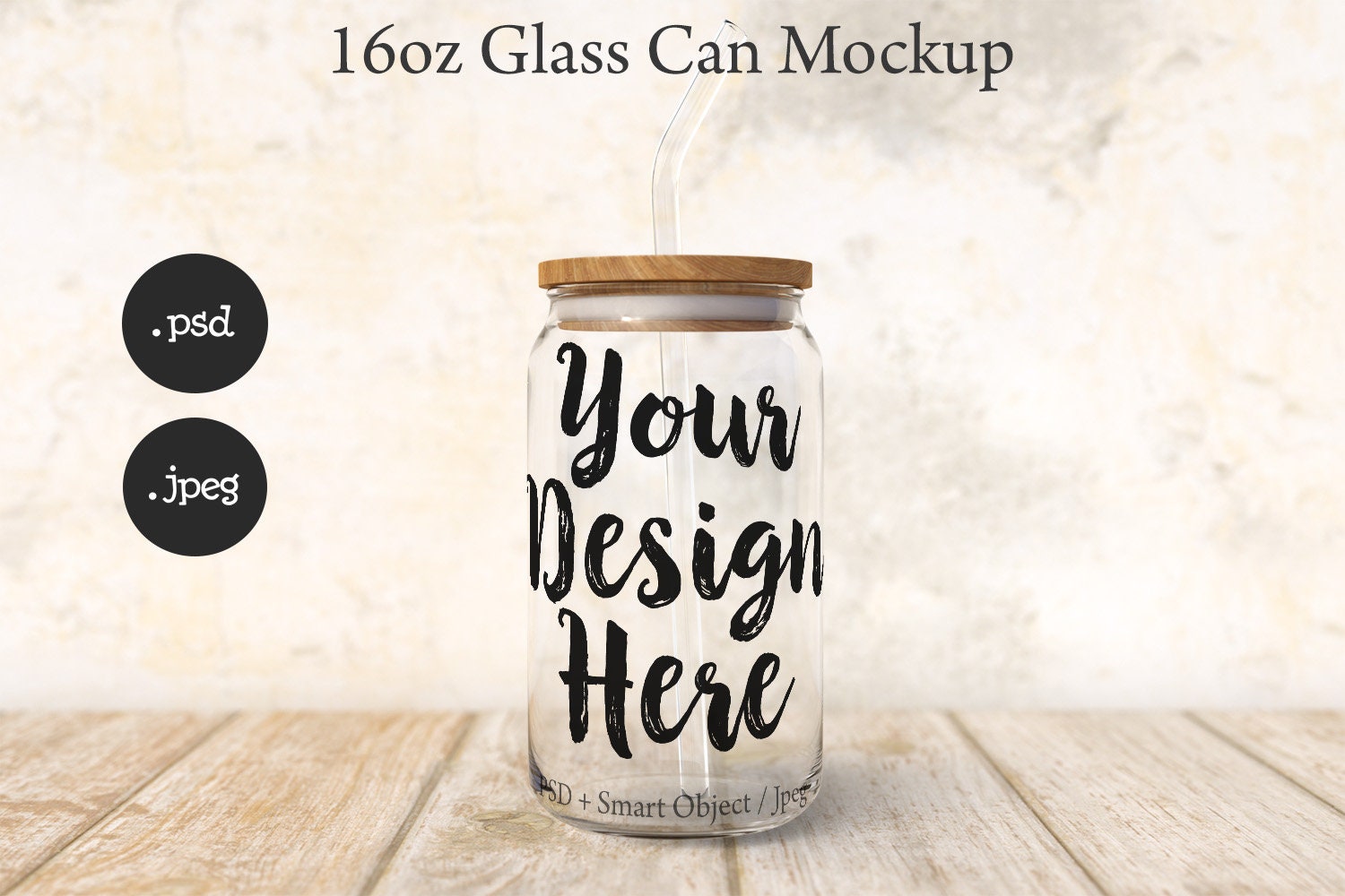 16oz frosted glass beer can mockup with bamboo lid and straw