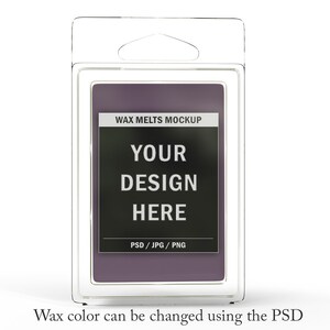May include: A clear plastic package containing a purple wax melt. The label reads "WAX MELTS MOCKUP" and "YOUR DESIGN HERE". The bottom of the label says "PSD / JPG / PNG". The text "Wax color can be changed using the PSD" is at the bottom.