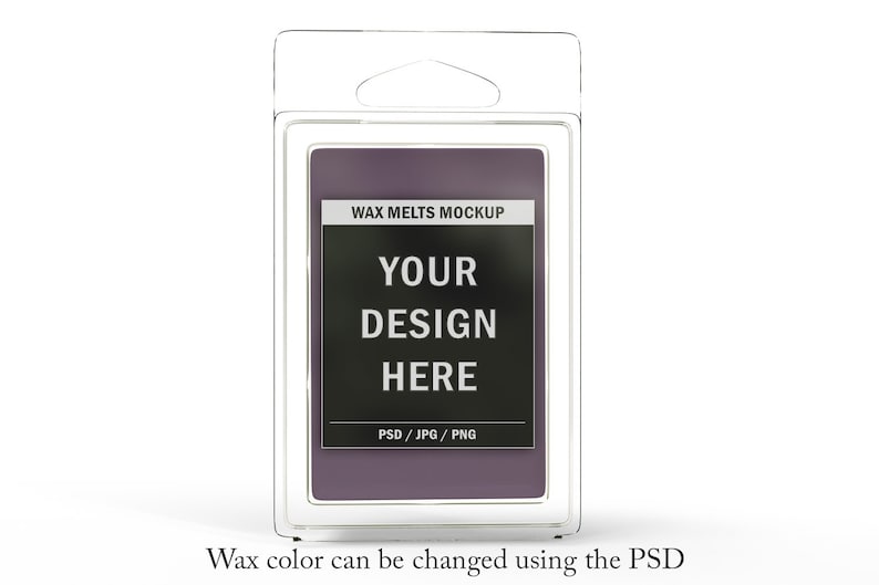 May include: A clear plastic package containing a purple wax melt. The label reads "WAX MELTS MOCKUP" and "YOUR DESIGN HERE". The bottom of the label says "PSD / JPG / PNG". The text "Wax color can be changed using the PSD" is at the bottom.