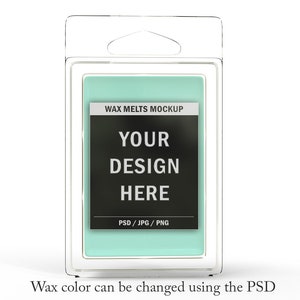 May include: A clear plastic package containing a light teal wax melt. The package has a label that reads "WAX MELTS MOCKUP" and "YOUR DESIGN HERE". The bottom of the label says "PSD / JPG / PNG".