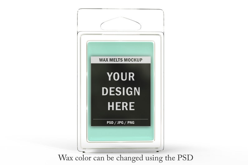 May include: A clear plastic package containing a light teal wax melt. The package has a label that reads "WAX MELTS MOCKUP" and "YOUR DESIGN HERE". The bottom of the label says "PSD / JPG / PNG".