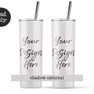 May include: Two white stainless steel tumblers with silver lids and straws. The tumblers have the text "Your Design Here" printed on them.  Shadow optional.