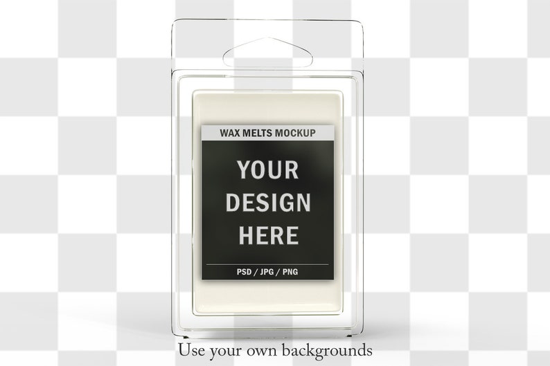 May include: A clear plastic package containing a rectangular wax melt mockup. The label on the wax melt reads "WAX MELTS MOCKUP" above the text "YOUR DESIGN HERE". Below the text is "PSD / JPG / PNG". The package is designed to be hung.