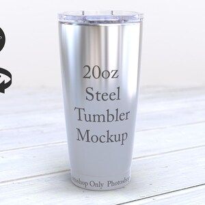 May include: A silver 20 ounce stainless steel tumbler mockup. The tumbler is on a white wood surface.