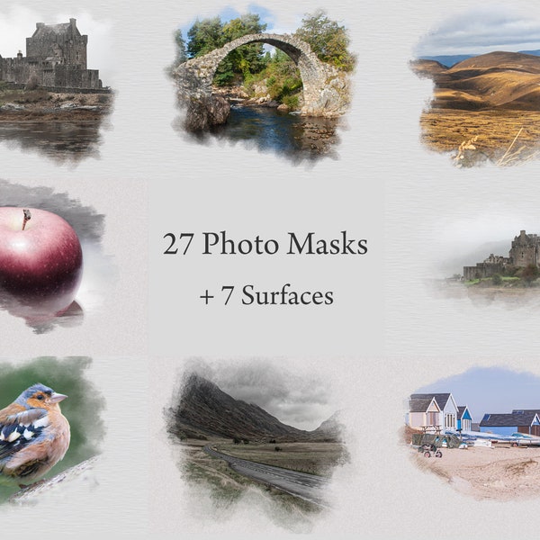 27 Photoshop Masks, Photo Clipping Masks, Watercolour Textures, Overlays, transparent png frames Brush stroke masks DIGITAL DOWNLOAD