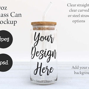 Dye sublimation 20oz clear soda can glass with bamboo lid and vaious straws mockup tumbler, transparent background option DIGITAL DOWNLOAD