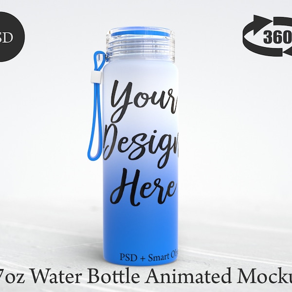 Dye Sublimation 17oz Frosted Glass Water Bottle Animated Mockup, 360 video, animation, ombre effect, choice of colors DIGITAL DOWNLOAD