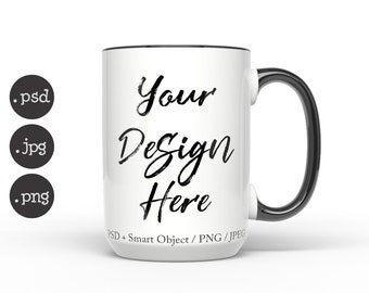 Może przedstawiać: Biały kubek ceramiczny z czarną obwódką i uchwytem. Kubek ma napis "Your Design Here" nadrukowany na przodzie czarnym kolorem.