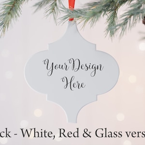 May include: White ceramic Christmas bauble with a Moroccan-style design. The bauble has the text "Your Design Here" written on it.