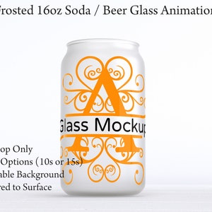May include: A frosted 16 ounce soda or beer glass mockup animation. The glass is white with a frosted finish and features a decorative orange design with the text "Glass Mockup".