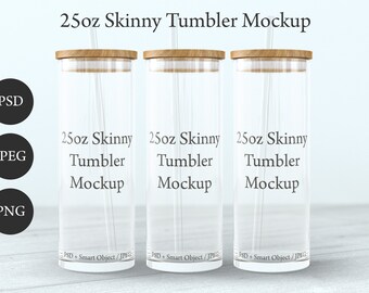 25oz Skinny Glass Tumbler Mockup: Bamboo Lid, Straws (Digital Download)