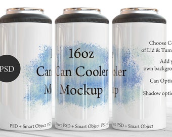 Mockup voor blikjeskoeler van 16 oz: Photoshop-sjabloon met volledige verpakking (digitale download)