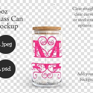 Dye sublimation 16oz clear soda can glass with bamboo lid and vaious straws mockup with transparent background option DIGITAL DOWNLOAD image 4