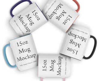 May include: Five white ceramic mugs with different coloured rims. Each mug has the text "15oz Mug Mockup" printed on it. The mugs are arranged in a circle.