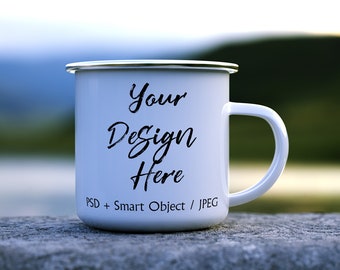 10oz camping mug mockup, 10oz enamel mug mockup, PSD smart object, outdoor scene, sublimation mockup, decal, styled stock DIGITAL DOWNLOAD