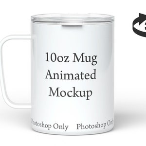 May include: White 10oz mug mockup with a clear lid and handle. The text "10oz Mug Animated Mockup" is printed on the mug.