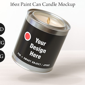 May include: A 16 ounce paint can candle mockup with a black label that says "Your Design Here" and "PSD + SMART OBJECT / JPEGS".