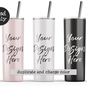 May include: Three stainless steel tumblers with lids and straws. The tumblers are pink, white, and black. Each tumbler has the text "Your Design Here" printed on the side.
