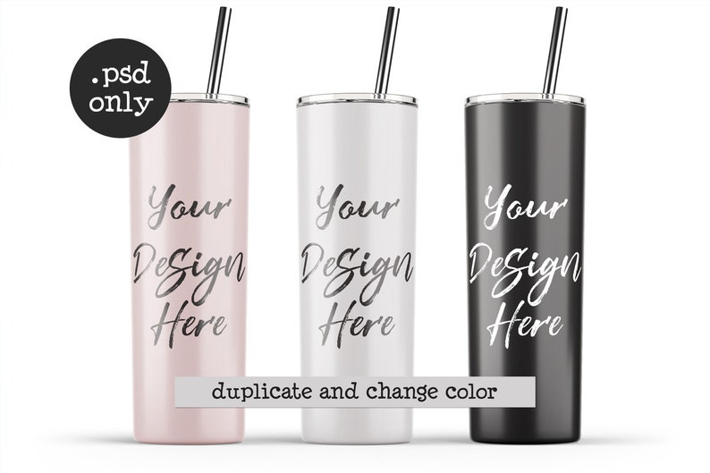 May include: Three stainless steel tumblers with lids and straws. The tumblers are pink, white, and black. Each tumbler has the text "Your Design Here" printed on the side.