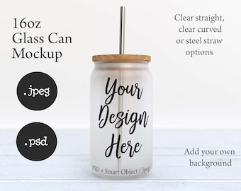 Frosted 16oz clear soda can glass mockup with bamboo lid and vaious straws mockup with transparent background option DIGITAL DOWNLOAD