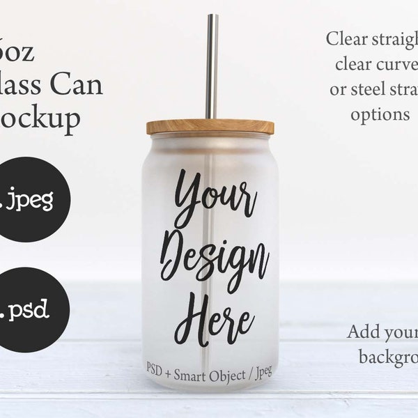 Frosted 16oz clear soda can glass mockup with bamboo lid and vaious straws mockup with transparent background option DIGITAL DOWNLOAD