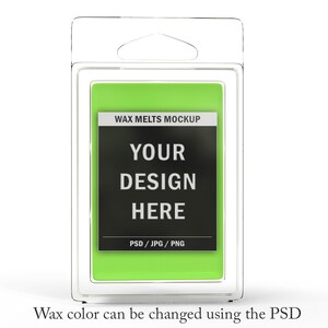May include: A clear plastic package containing a green wax melt. The package has a hanger at the top. A black label on the wax melt reads "WAX MELTS MOCKUP" and "YOUR DESIGN HERE". The bottom of the label says "PSD / JPG / PNG".