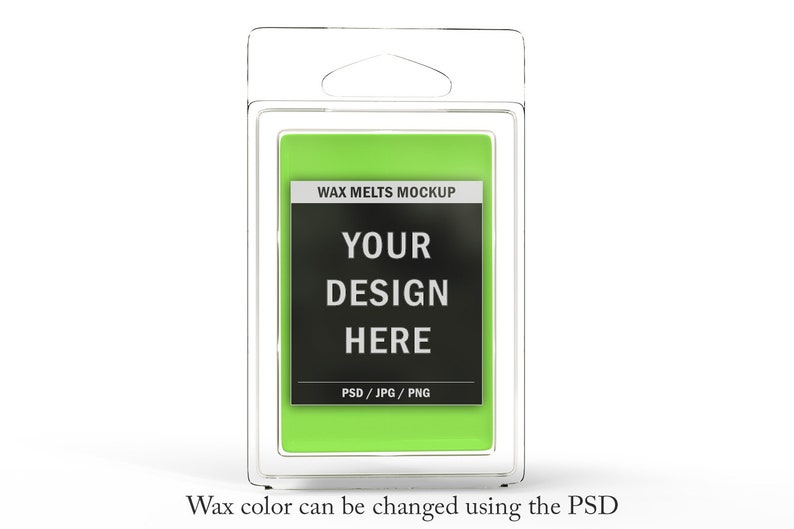 May include: A clear plastic package containing a green wax melt. The package has a hanger at the top. A black label on the wax melt reads "WAX MELTS MOCKUP" and "YOUR DESIGN HERE". The bottom of the label says "PSD / JPG / PNG".