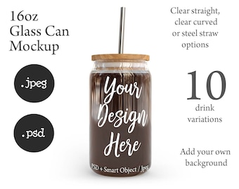 Dye sublimation 16oz soda can glass with bamboo lid and vaious straws mockup with transparent background option DIGITAL DOWNLOAD